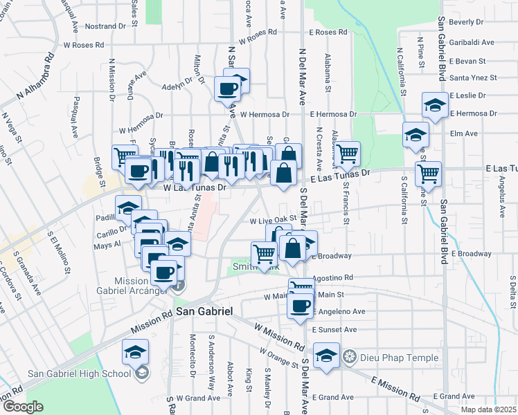 map of restaurants, bars, coffee shops, grocery stores, and more near 130 Junipero Serra Drive in San Gabriel