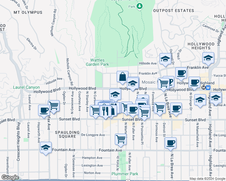 map of restaurants, bars, coffee shops, grocery stores, and more near 7464 Hollywood Boulevard in Los Angeles