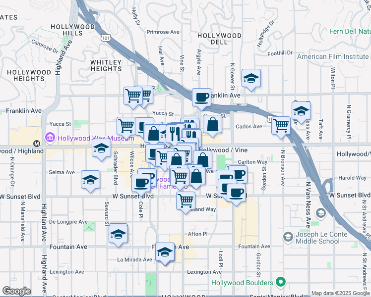 map of restaurants, bars, coffee shops, grocery stores, and more near in Los Angeles
