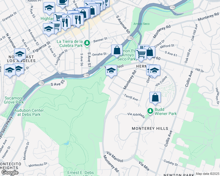 map of restaurants, bars, coffee shops, grocery stores, and more near 5426 Bushnell Way in Los Angeles