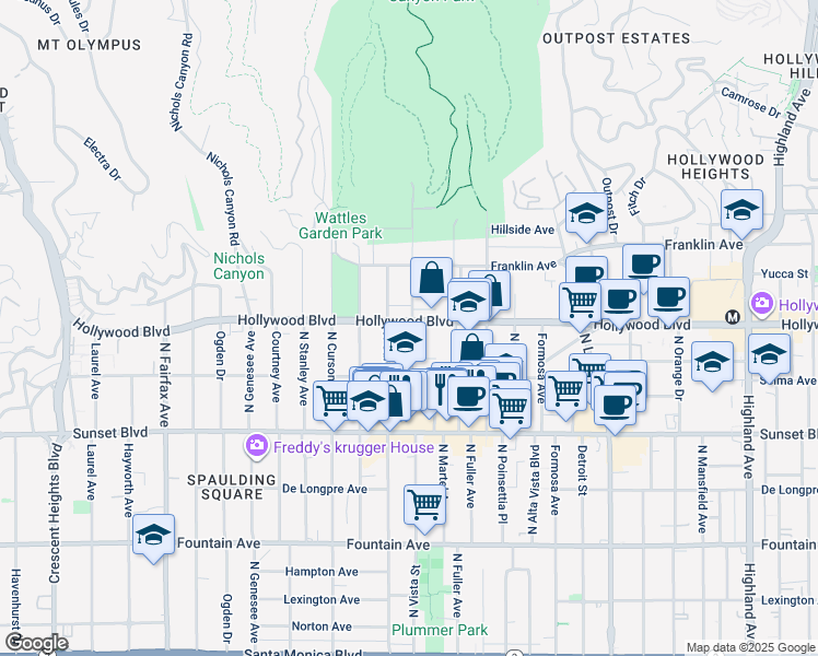 map of restaurants, bars, coffee shops, grocery stores, and more near 7428 Hollywood Boulevard in Los Angeles