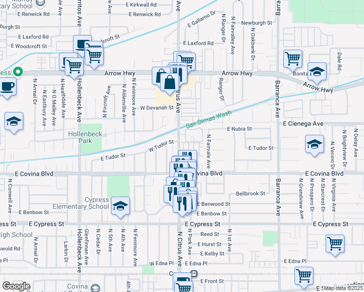 map of restaurants, bars, coffee shops, grocery stores, and more near 1185 Orchard Drive in Covina