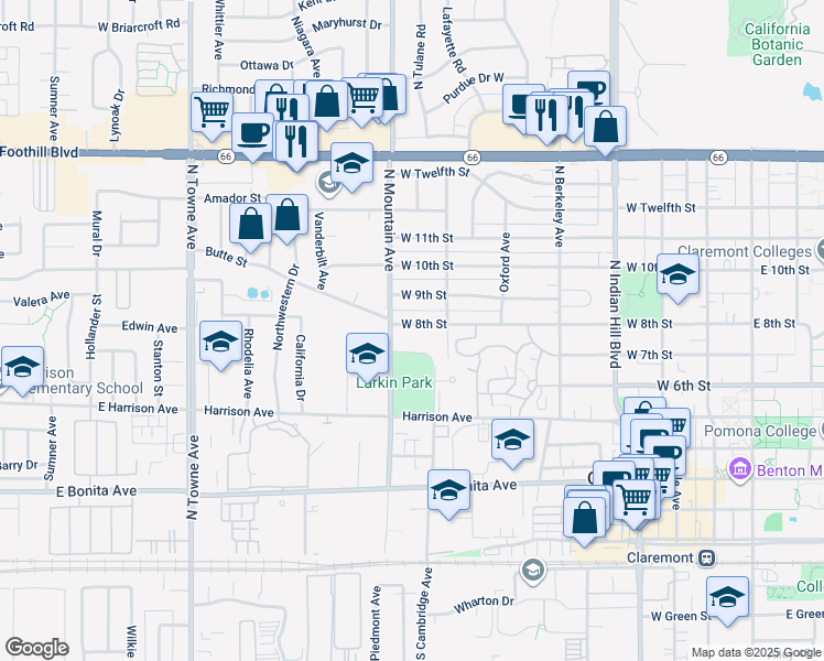 map of restaurants, bars, coffee shops, grocery stores, and more near 750 West 8th Street in Claremont
