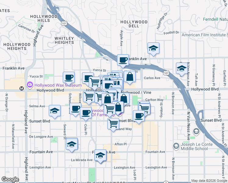 map of restaurants, bars, coffee shops, grocery stores, and more near 1680 Vine Street in Los Angeles