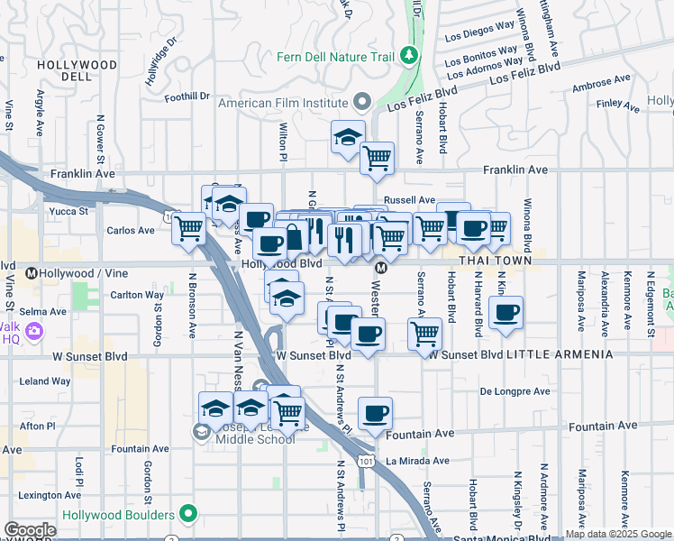 map of restaurants, bars, coffee shops, grocery stores, and more near 5545 Carlton Way in Los Angeles