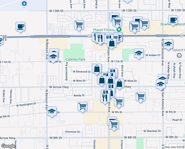 map of restaurants, bars, coffee shops, grocery stores, and more near 587 West Winn Drive in Upland