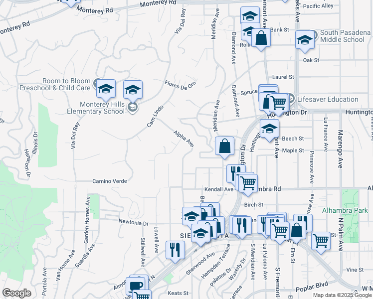 map of restaurants, bars, coffee shops, grocery stores, and more near 1948 Alpha Avenue in South Pasadena