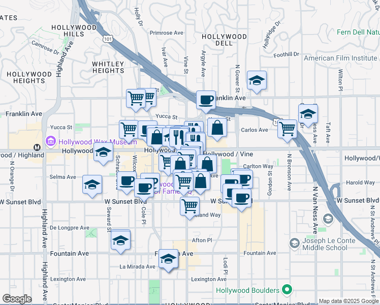 map of restaurants, bars, coffee shops, grocery stores, and more near 6290 Hollywood Boulevard in Los Angeles