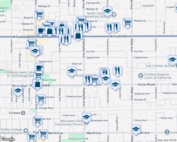 map of restaurants, bars, coffee shops, grocery stores, and more near 17331 Seville Court in Fontana