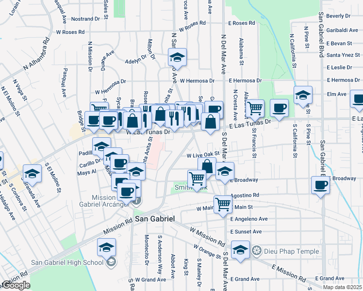map of restaurants, bars, coffee shops, grocery stores, and more near 201 South Junipero Serra Drive in San Gabriel