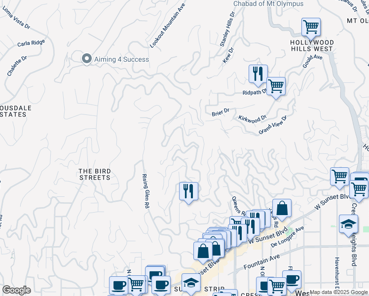 map of restaurants, bars, coffee shops, grocery stores, and more near 1733 Sunset Plaza Drive in Los Angeles