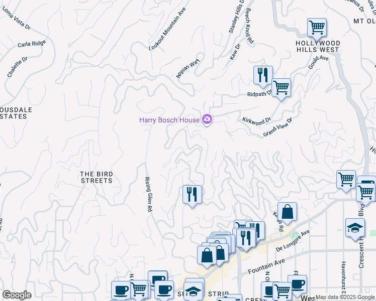 map of restaurants, bars, coffee shops, grocery stores, and more near 1733 Sunset Plaza Drive in Los Angeles
