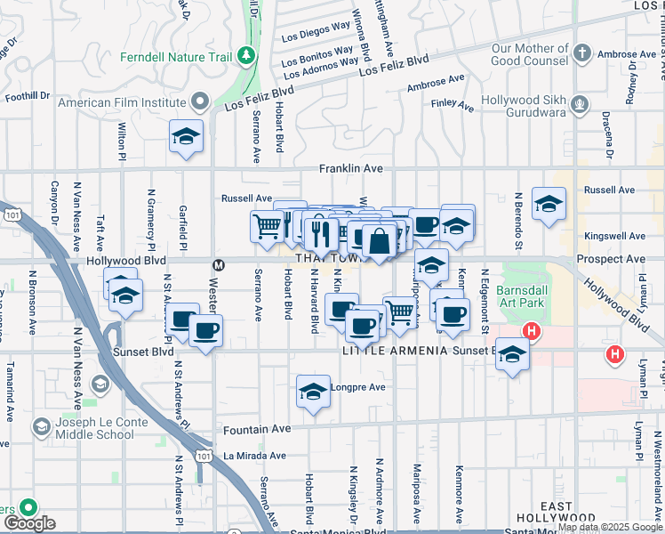 map of restaurants, bars, coffee shops, grocery stores, and more near 5200 Hollywood Boulevard in Los Angeles