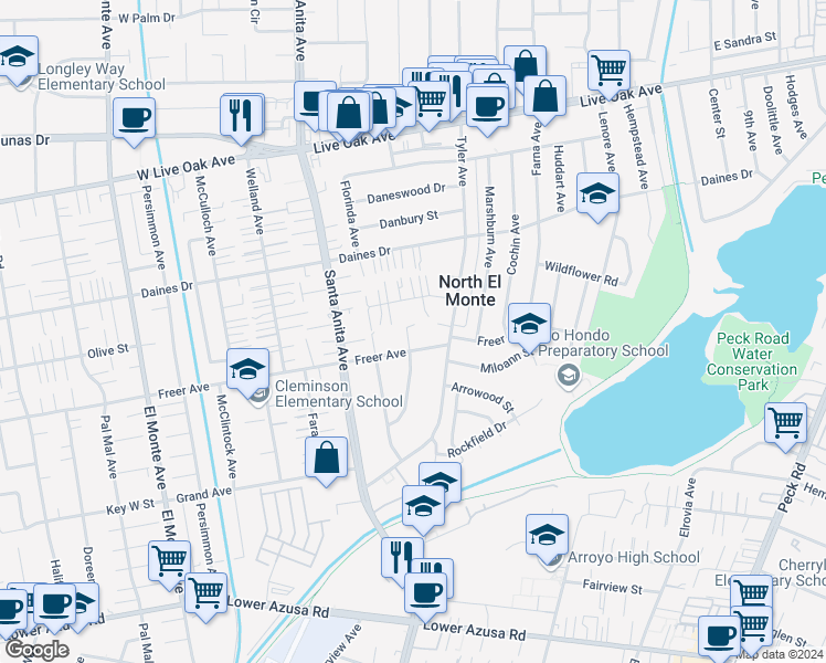 map of restaurants, bars, coffee shops, grocery stores, and more near 5332 Myrtus Avenue in Temple City