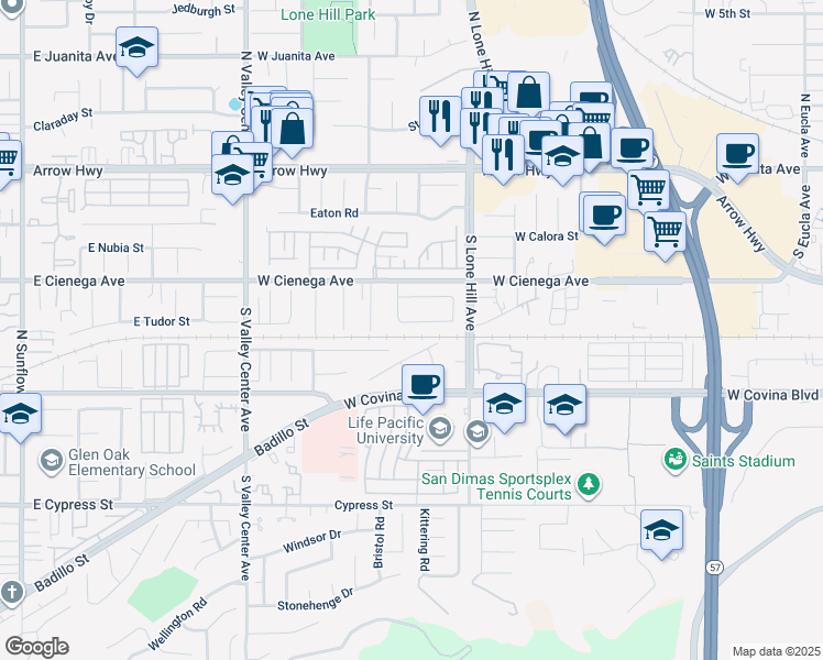 map of restaurants, bars, coffee shops, grocery stores, and more near 1170 West Tudor Street in San Dimas