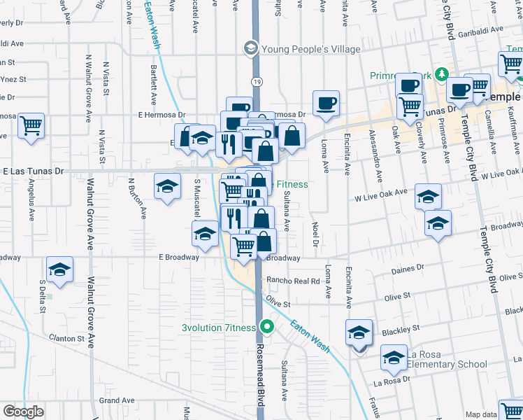 map of restaurants, bars, coffee shops, grocery stores, and more near 5585 Rosemead Blvd in Temple City