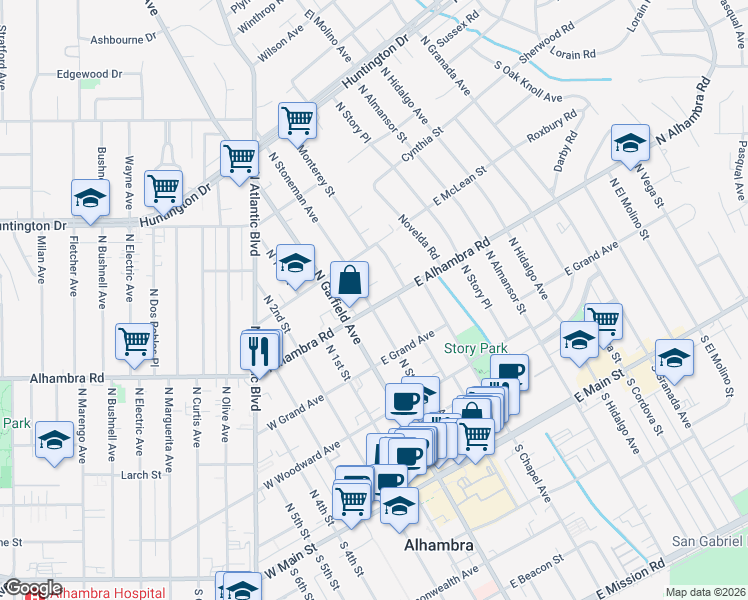 map of restaurants, bars, coffee shops, grocery stores, and more near 101 East Alhambra Road in Alhambra
