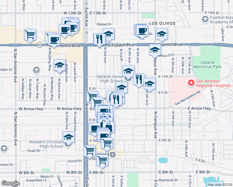 map of restaurants, bars, coffee shops, grocery stores, and more near 650 North 3rd Avenue in Upland