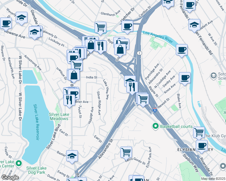 map of restaurants, bars, coffee shops, grocery stores, and more near 2430 Lake View Avenue in Los Angeles