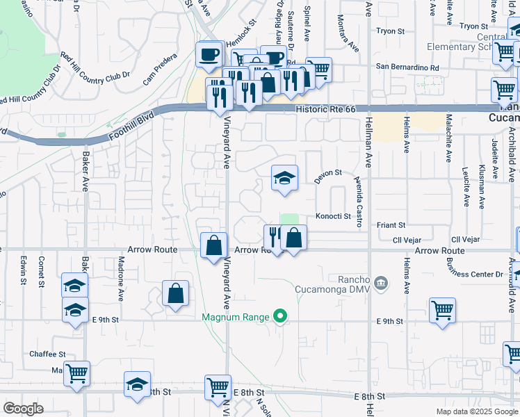 map of restaurants, bars, coffee shops, grocery stores, and more near 8323 Vineyard Avenue in Rancho Cucamonga