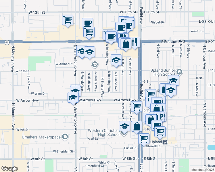 map of restaurants, bars, coffee shops, grocery stores, and more near 598 North Redding Way in Upland