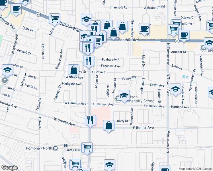 map of restaurants, bars, coffee shops, grocery stores, and more near 246 Aldama Avenue in Pomona