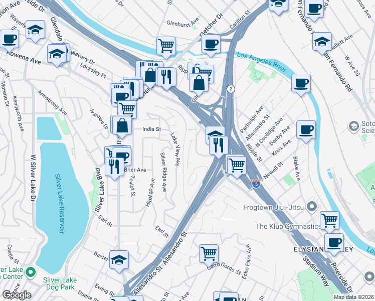 map of restaurants, bars, coffee shops, grocery stores, and more near 2449 Riverside Place in Los Angeles