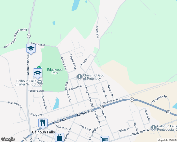 map of restaurants, bars, coffee shops, grocery stores, and more near 100-198 Thomas St in Calhoun Falls