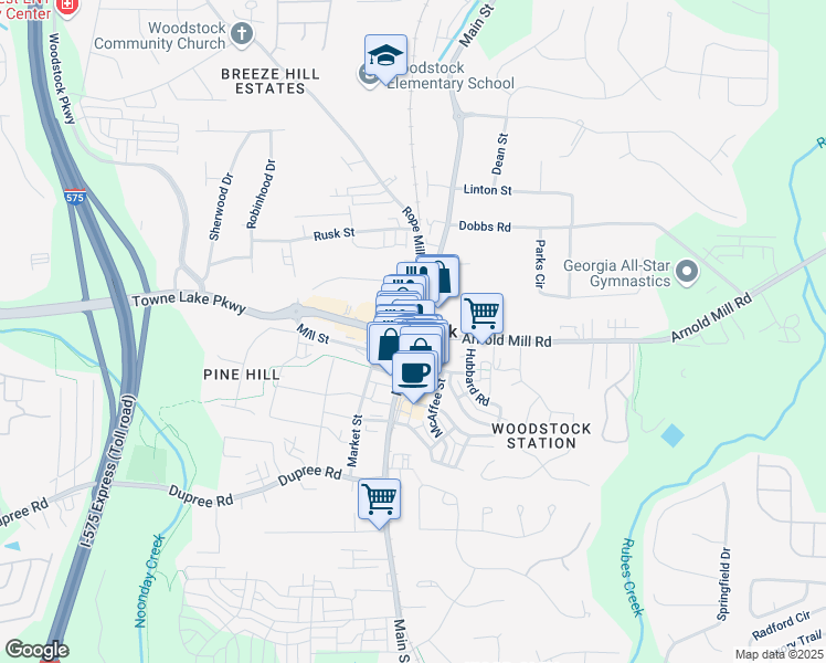 map of restaurants, bars, coffee shops, grocery stores, and more near in Woodstock