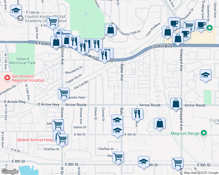 map of restaurants, bars, coffee shops, grocery stores, and more near 8354 Gabriel Drive in Rancho Cucamonga
