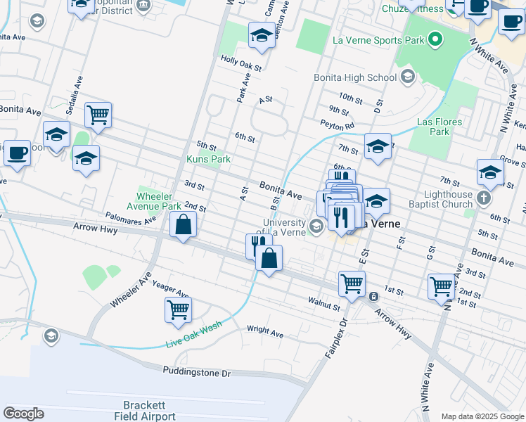 map of restaurants, bars, coffee shops, grocery stores, and more near 1868 3rd Street in La Verne