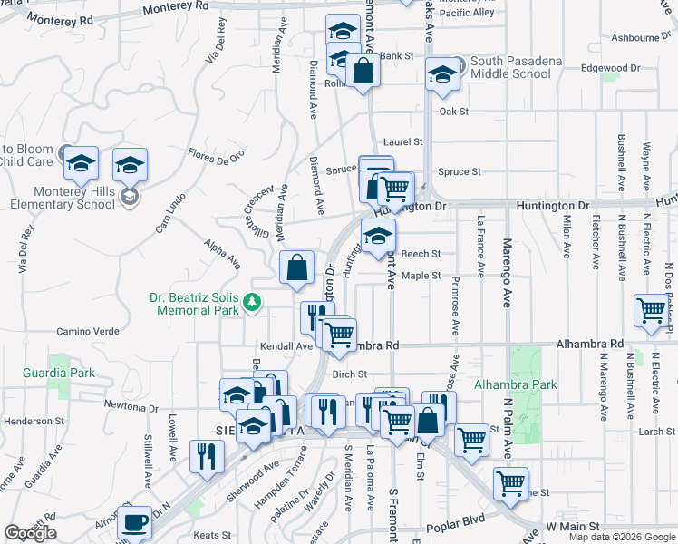 map of restaurants, bars, coffee shops, grocery stores, and more near 1205 Huntington Drive in South Pasadena
