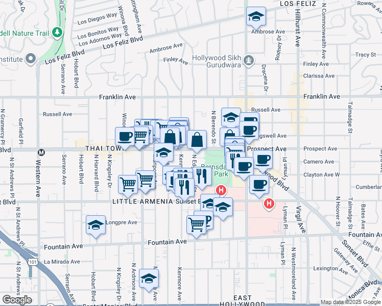map of restaurants, bars, coffee shops, grocery stores, and more near 1633 North Edgemont Street in Los Angeles