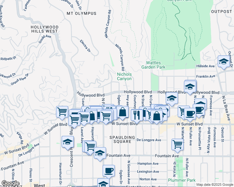 map of restaurants, bars, coffee shops, grocery stores, and more near 1655 North Ogden Drive in Los Angeles