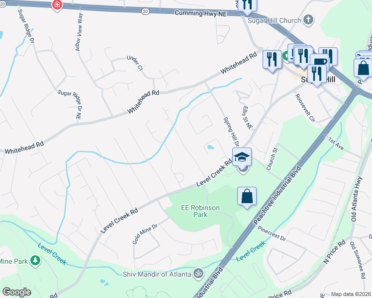 map of restaurants, bars, coffee shops, grocery stores, and more near 4976 Oak Grove Drive in Sugar Hill
