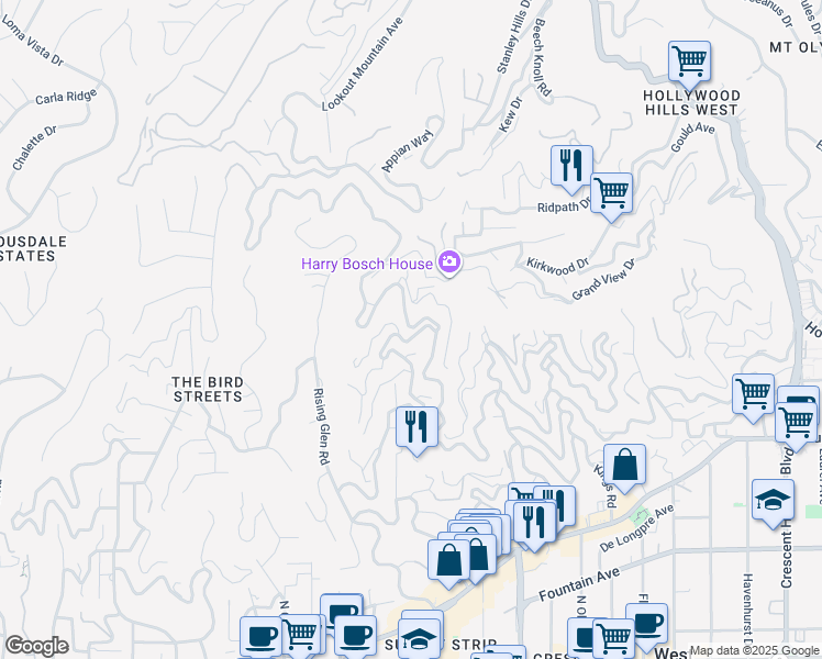 map of restaurants, bars, coffee shops, grocery stores, and more near 8713 Sunset Plaza Terrace in Los Angeles