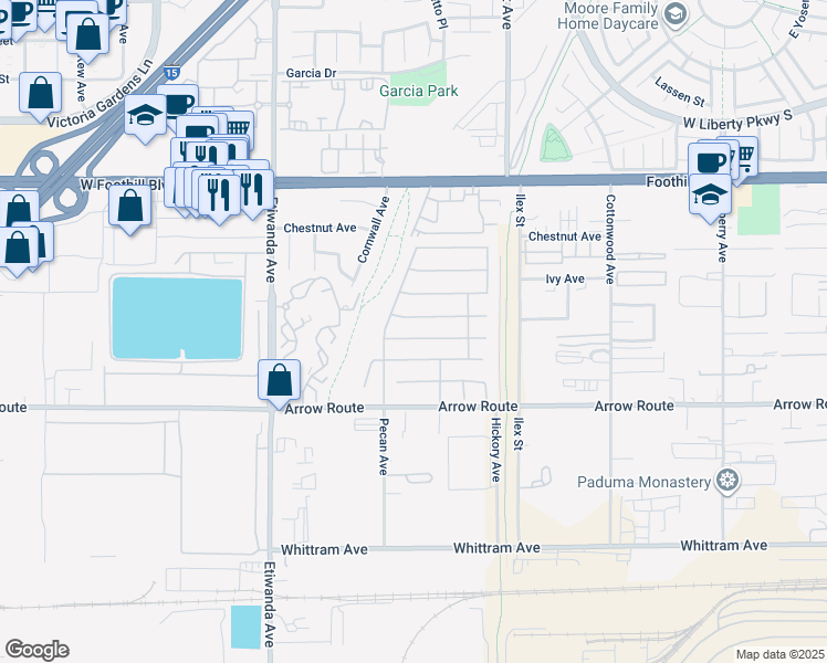 map of restaurants, bars, coffee shops, grocery stores, and more near 13126 Flagstaff Drive in Rancho Cucamonga