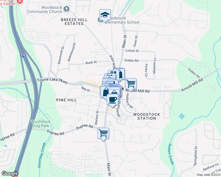 map of restaurants, bars, coffee shops, grocery stores, and more near 8560 Main Street in Woodstock