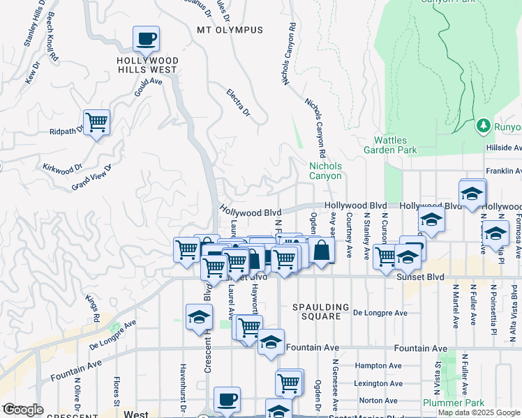 map of restaurants, bars, coffee shops, grocery stores, and more near 7929 Hollywood Boulevard in Los Angeles