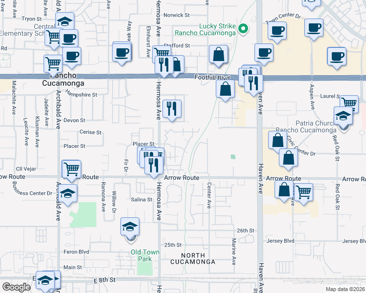map of restaurants, bars, coffee shops, grocery stores, and more near 8380 Sunset Trail Place in Rancho Cucamonga