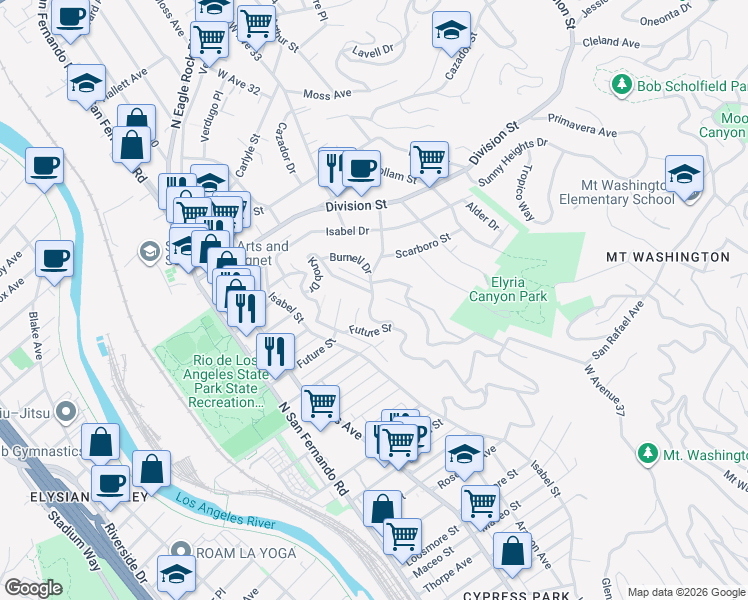 map of restaurants, bars, coffee shops, grocery stores, and more near 3168 Future Street in Los Angeles