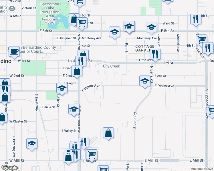 map of restaurants, bars, coffee shops, grocery stores, and more near 525 East Rialto Avenue in San Bernardino