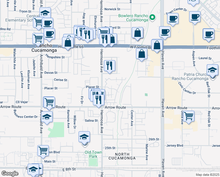 map of restaurants, bars, coffee shops, grocery stores, and more near 8421 Western Trail Place in Rancho Cucamonga