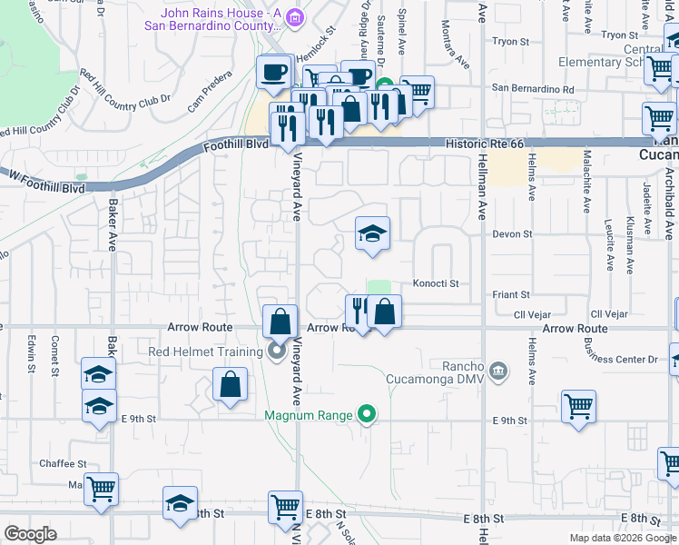 map of restaurants, bars, coffee shops, grocery stores, and more near 8323 Vineyard Avenue in Rancho Cucamonga
