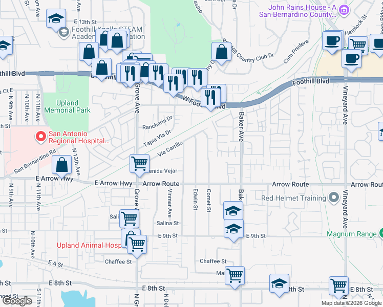 map of restaurants, bars, coffee shops, grocery stores, and more near 8414 Edwin Street in Rancho Cucamonga