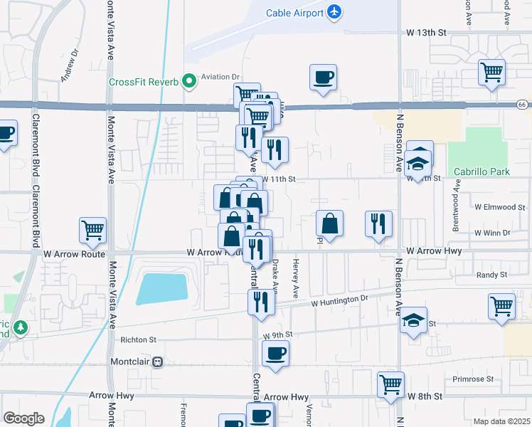 map of restaurants, bars, coffee shops, grocery stores, and more near 550 North Central Avenue in Upland