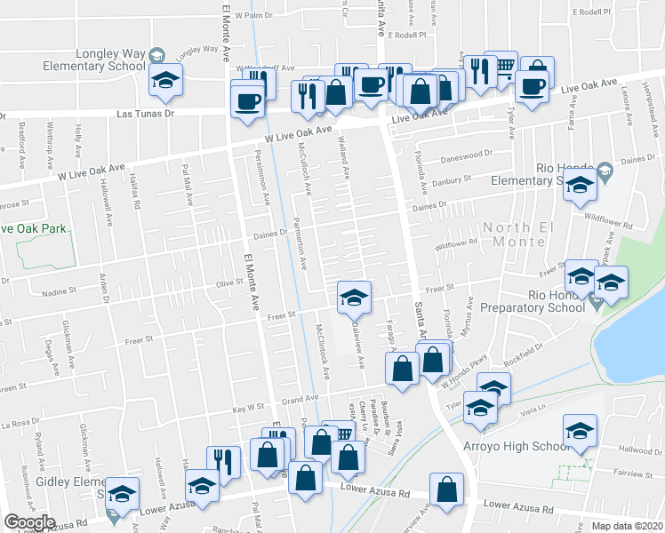 map of restaurants, bars, coffee shops, grocery stores, and more near 5338 McCulloch Avenue in Temple City