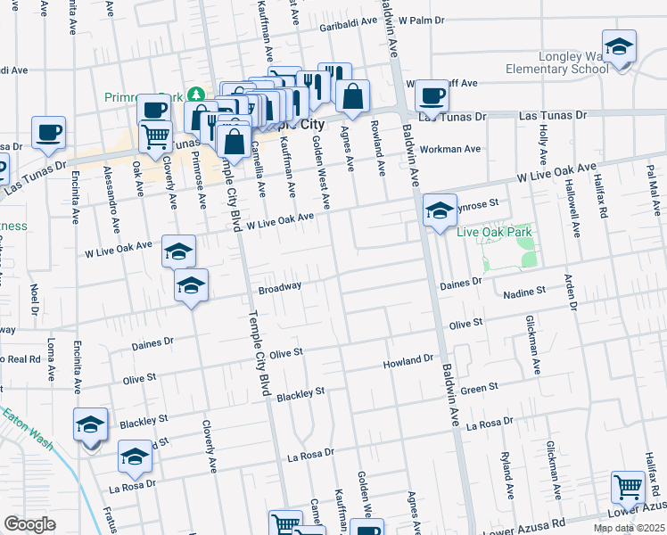 map of restaurants, bars, coffee shops, grocery stores, and more near 9730 Broadway in Temple City