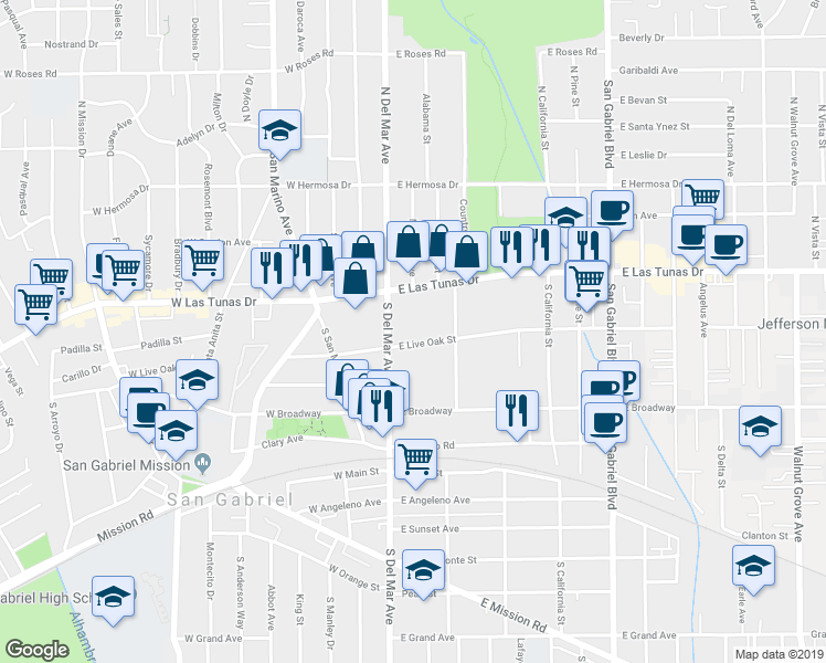 map of restaurants, bars, coffee shops, grocery stores, and more near 202 East Live Oak Street in San Gabriel