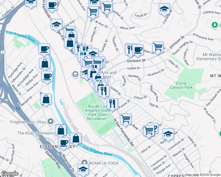 map of restaurants, bars, coffee shops, grocery stores, and more near 2810 Macon Street in Los Angeles